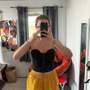 Neon Blonde Black Cotton Button Up Corset Crop Top